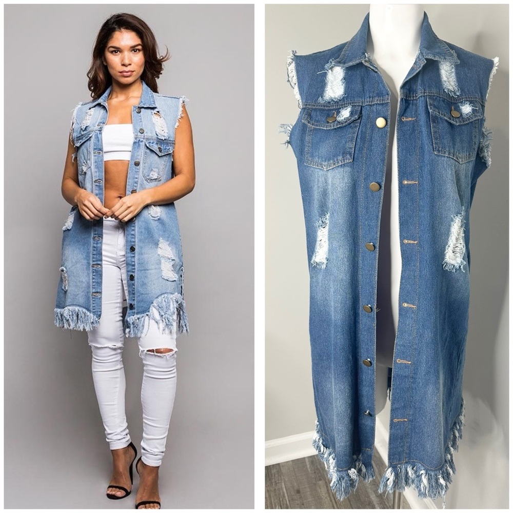 Distressed Denim Sleeveless Vest -medium